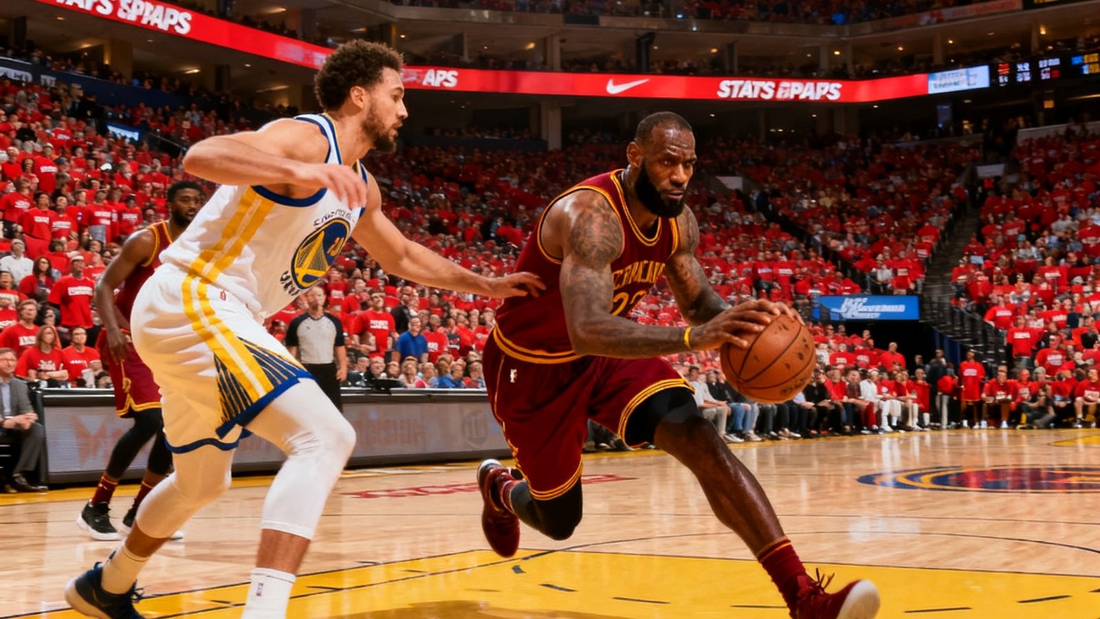 NBA常规赛洛杉矶湖人主场对阵金州勇士，勒布朗·詹姆斯持球突破勇士防线，观众席爆满的斯台普斯中心全景
